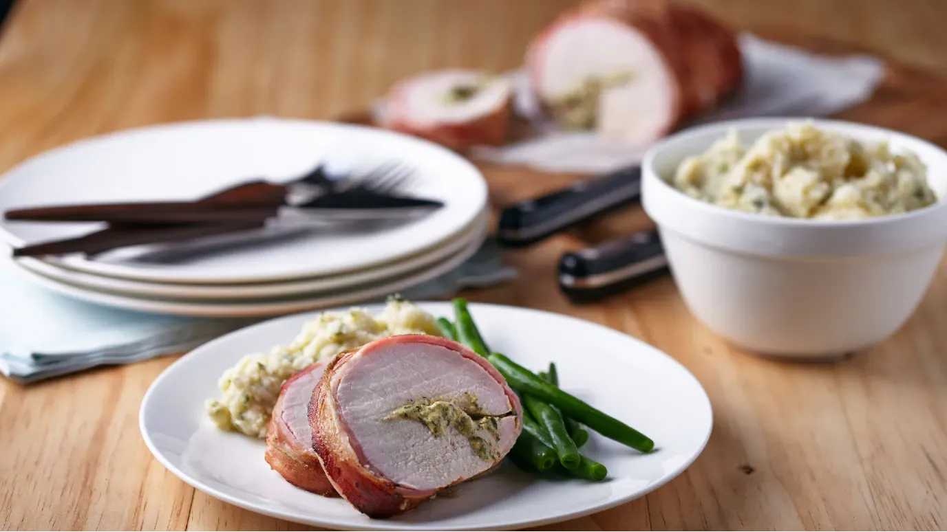 Bacon-Wrapped Parsley Pork Fillet with Basil and Garlic Potato Mash