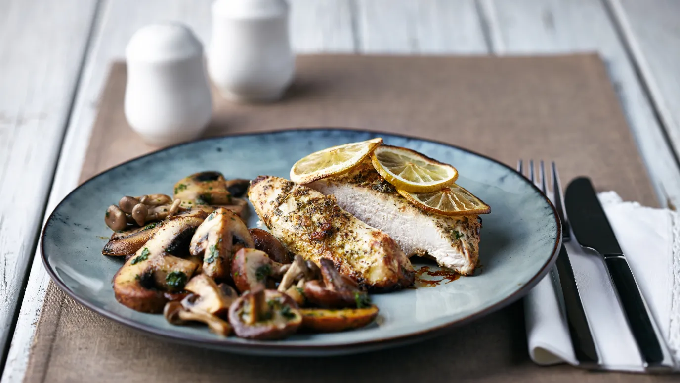Citrus Roast Chicken Breast with Oregano Mushroom Fricassee