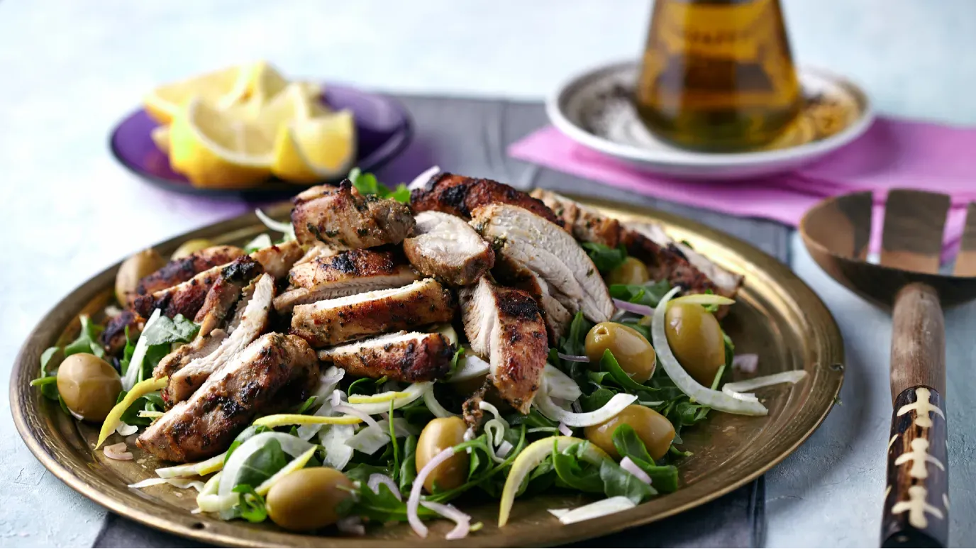 Moroccan Coriander Chicken with Shaved Fennel and Green Olives