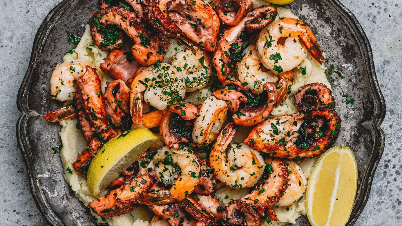 Parsley Prawns and Octopus with Potato Mash