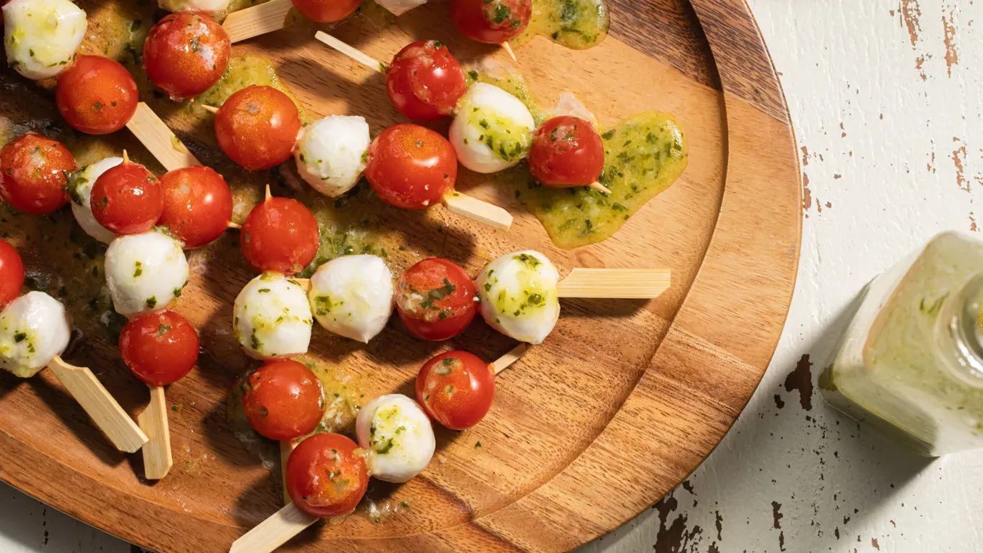 Caprese Skewers with Basil Dressing