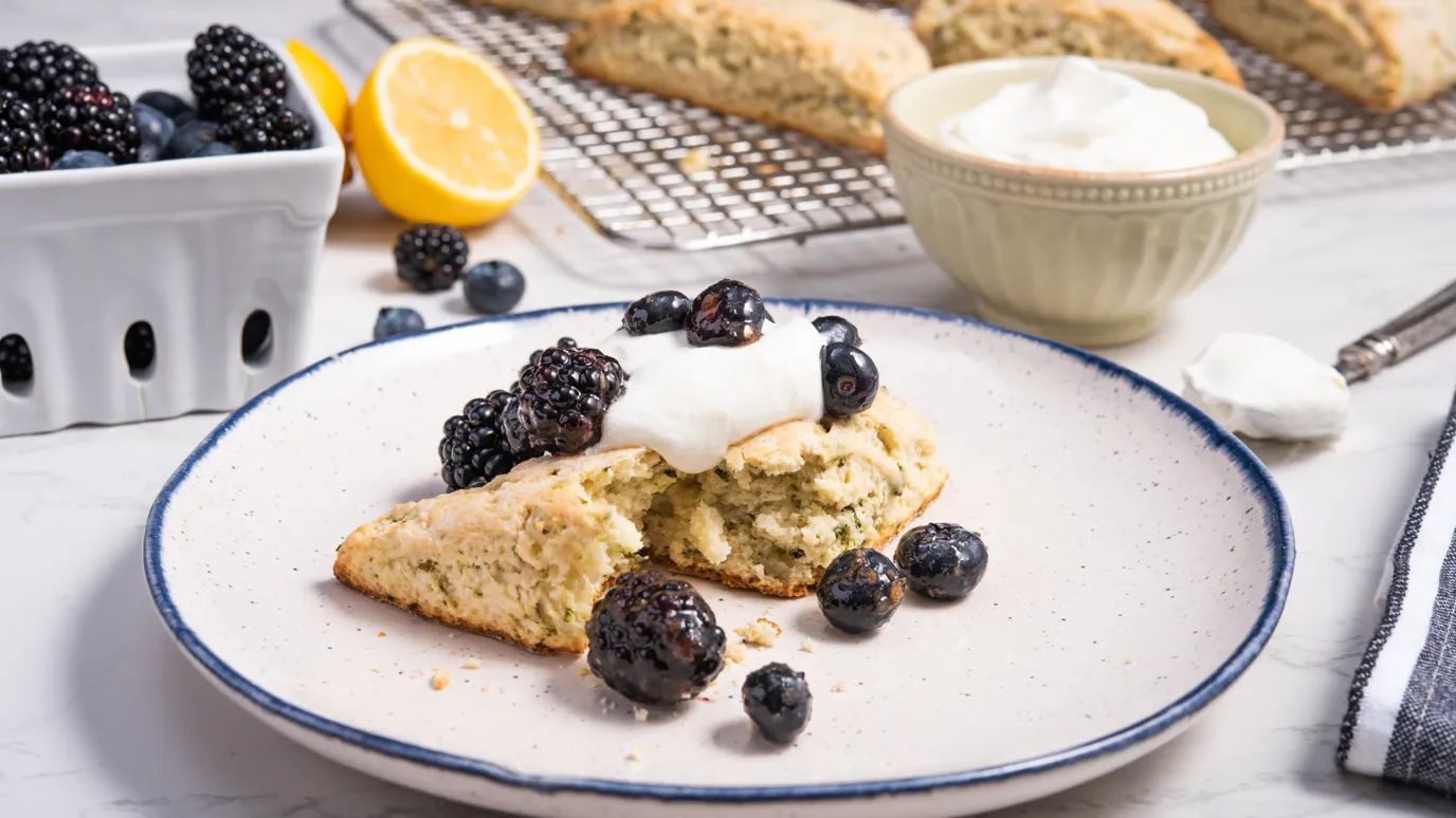 Basil Scones with Gingered Berries and Whipped Cream