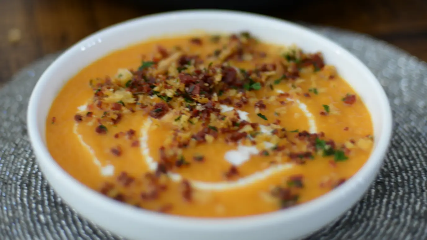 Spiced Kumura and Butternut Soup with Chorizo and Parsley Dust